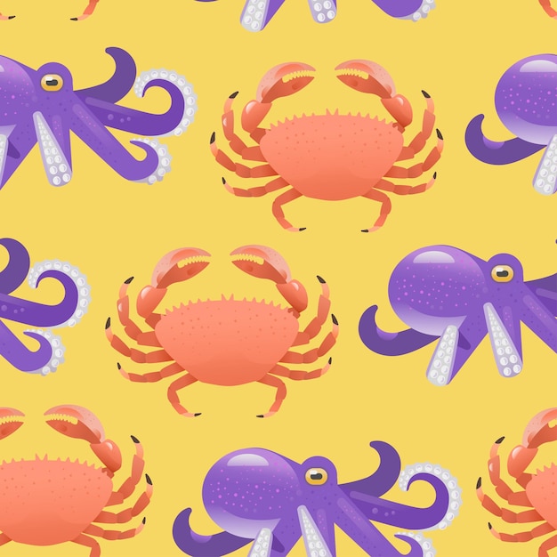 Vector vibrant cartoon seamless pattern with cute crabs and octopus