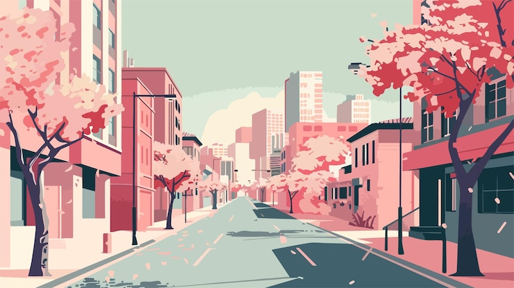 Vector 봄 시즌 에 활기찬 도시 도로 평평 한 스타일 의 도시 풍경