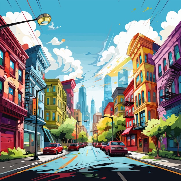 Vibrant city streets Cartoon vector illustration