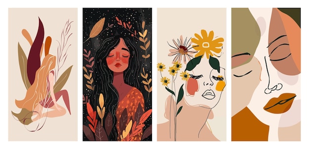 Vibrant collection of four feminine portraits and a dreamcatcher illustration poster set