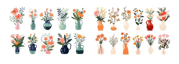 Vibrant Collection of Various Flowers in Different Styles of Vases and Pots Vector