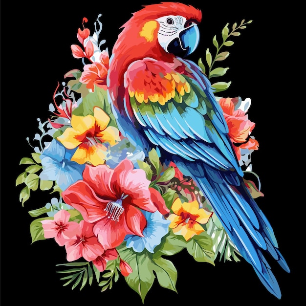 Vibrant Color Parrot in a branch with Flowers