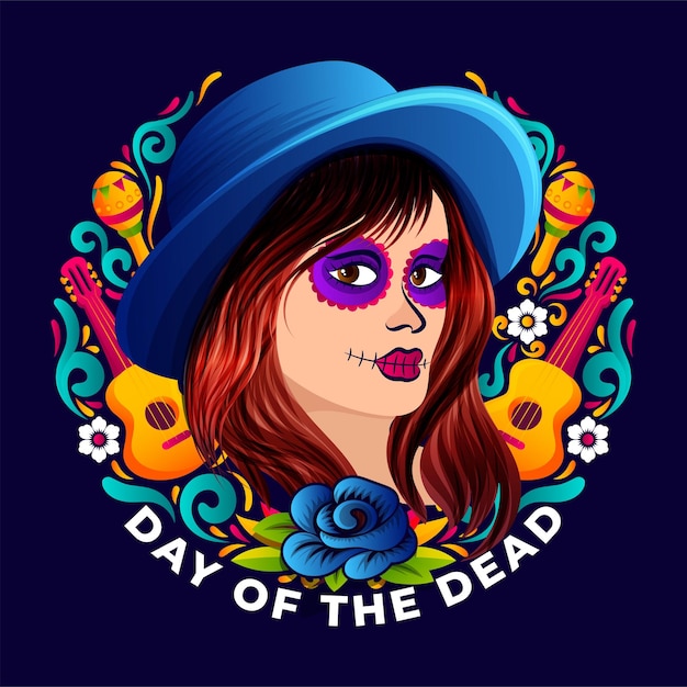 Vibrant color woman with sugar skull make up day of the dead sticker