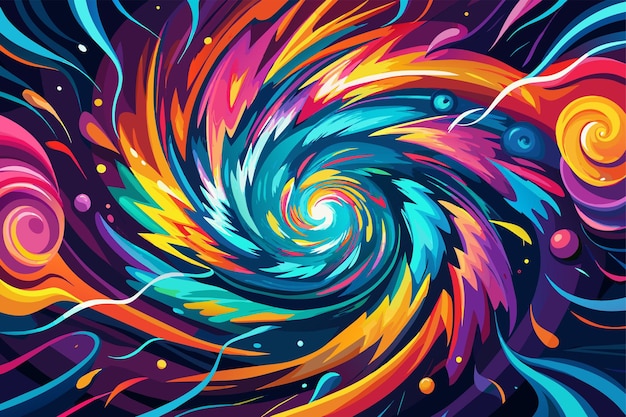 Vector vibrant colorful abstract illustration featuring a swirling vortex with dynamic waves of blue pink purple orange and yellow hues interspersed with white and black accents