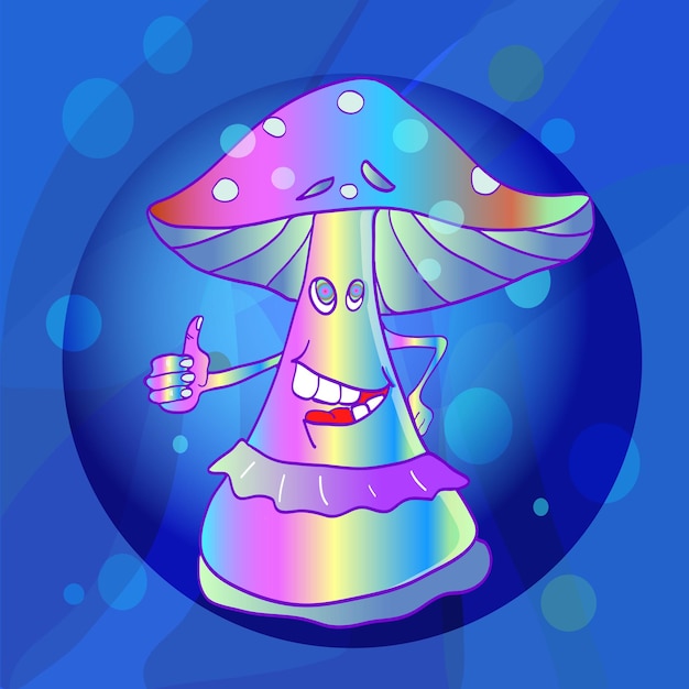 Vibrant colorful mushroom on a blue fluorescent background psychedelic hippie vector illustration style of 60s