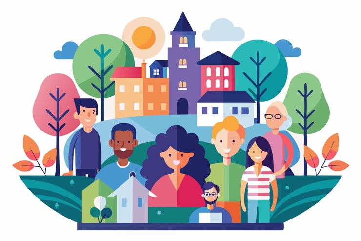 Vector a vibrant design community showcases diverse individuals in a whimsical setting with hills trees and colorful houses under a bright sun