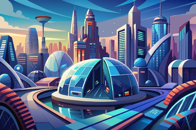 Vibrant digital artwork of a futuristic city at sunset with stylized buildings a central dome structure and elevated roadways under a colorful sky