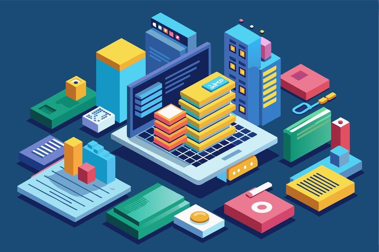 Vector a vibrant digital workspace featuring customizable source code elements and colorful 3d objects source code customizable isometric illustration
