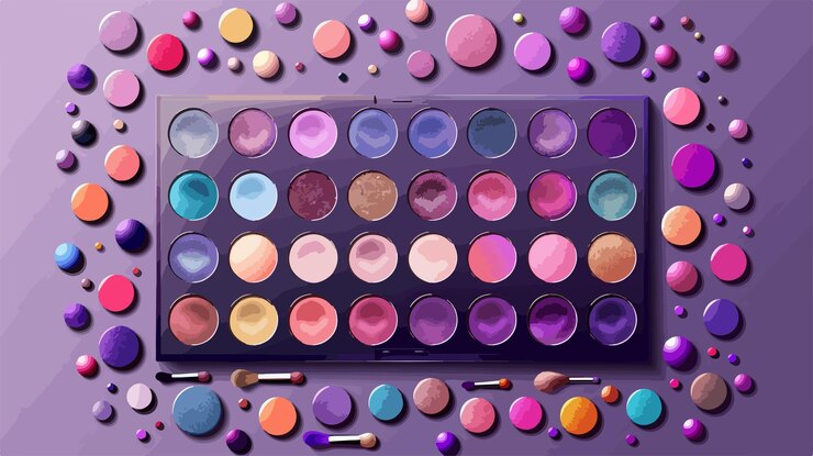Vector vibrant eyeshadow palettes on lilac background