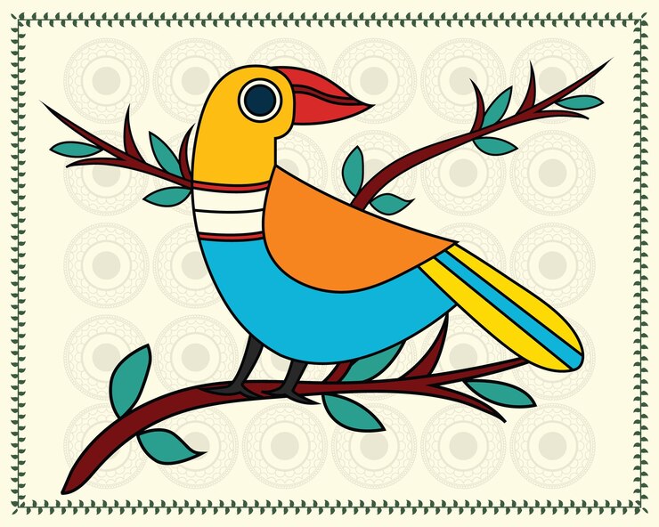 वेक्टर vibrant feathers majestic parrots in madhubani art madhubani art contemporary art indian paintin
