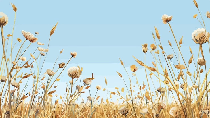 Vector vibrant flax plants with mature capsules in sunlit field