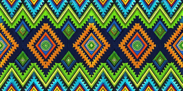 vibrant geometric pattern featuring diamonds and zigzags in bold colors of blue green and orange