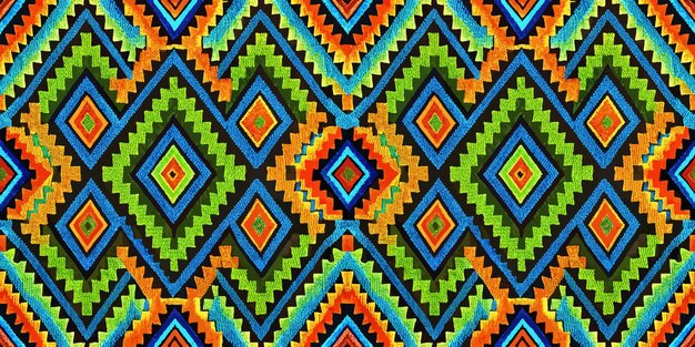vibrant geometric pattern featuring diamonds and zigzags in bold colors of blue green and orange