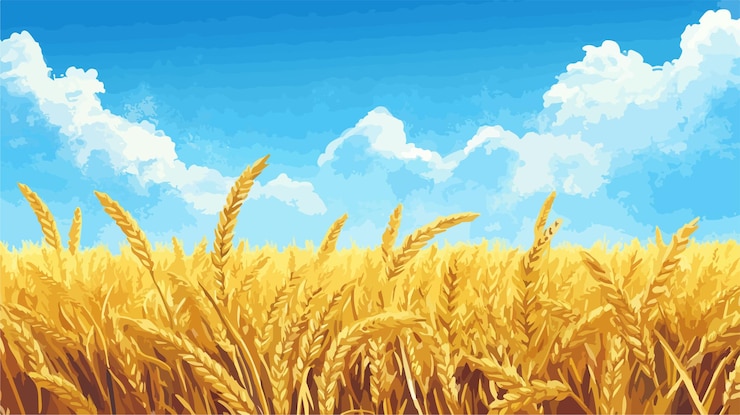 Vector vibrant golden wheat field under clear blue sky