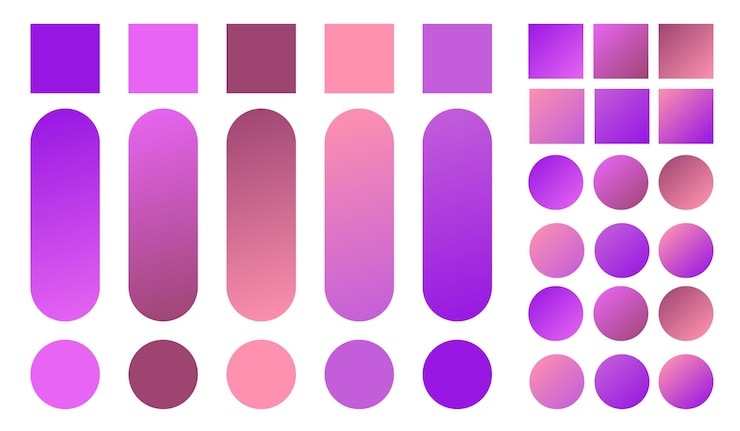 Vector vibrant gradient color palette collection in pink and purple tones