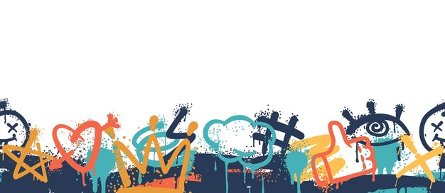 Вектор Яркий граффити бесшовный узор. горизонтальная граница, демонстрирующая смелые цвета и замысловатый дизайн, идеально подходящий для добавления городского колорита в различные проекты или творческие начинания. вектор мультфильма