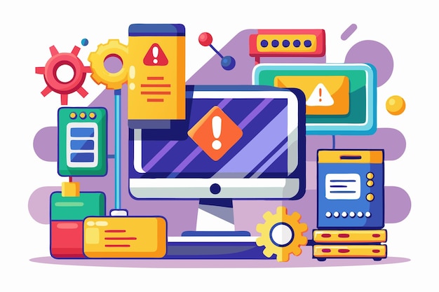 a vibrant graphic shows multiple devices displaying an operating system error and warning notifications operating system error