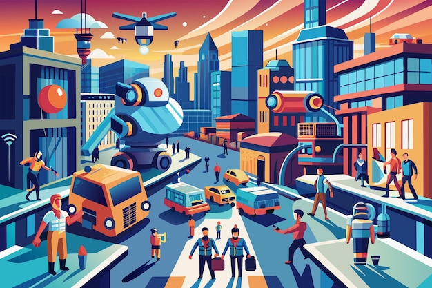 Vibrant illustration of a bustling futuristic city with autonomous cars drones flying overhead and pedestrians on vibrant sunny streets lined with colorful modern buildings
