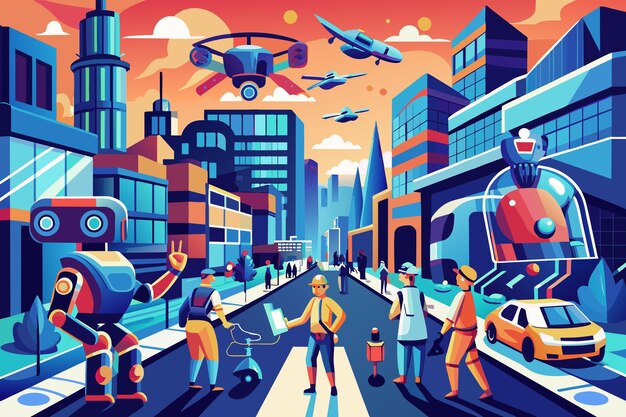 Vector vibrant illustration of a bustling futuristic city with autonomous cars drones flying overhead and pedestrians on vibrant sunny streets lined with colorful modern buildings