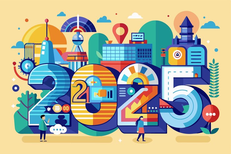 Vector a vibrant illustration featuring the year 2025 showcasing futuristic technology and urban elements year 2025 customizable disproportionate illustration