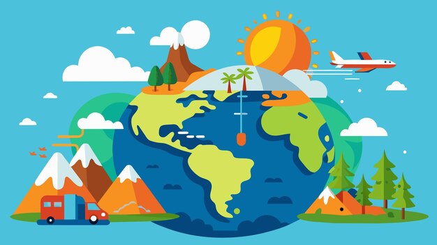 Vector vibrant illustration of global travel and diverse landscapes