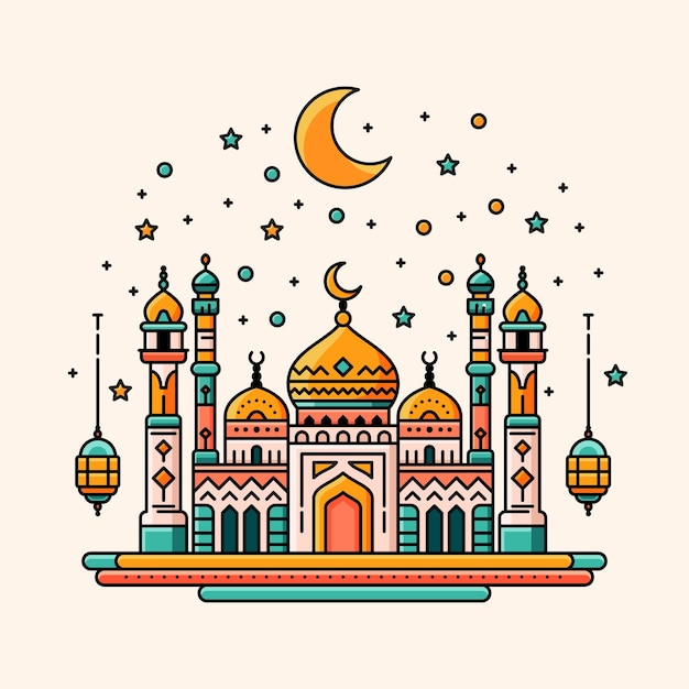 라인 아트 스타일과 평평한 색으로 이슬람 행사를 위해 완벽한 모스크의 활기찬 일러스트레이션