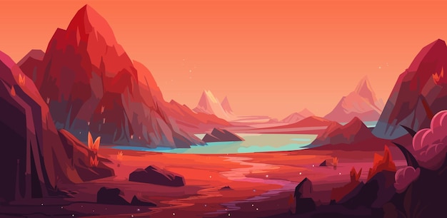 Vector vibrant and intricate martian landscape featuring strange mountains cartoon illustration