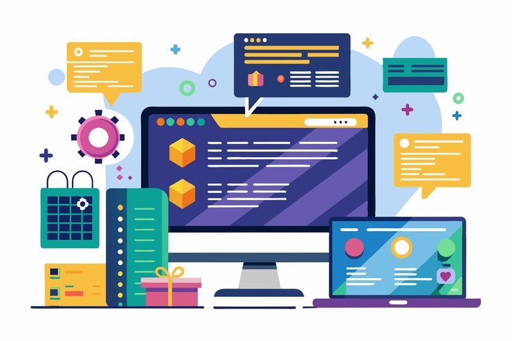 Vector 디자인 요소와 아이콘과 함께 컴퓨터 화면에 사용자 정의 가능한 소스 코드를 특징으로하는 활기찬 레이아웃 소스 코드 사용자 정의 가능한 반 평평한 일러스트