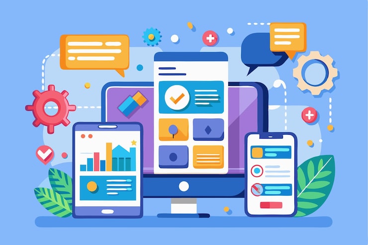 Vector 在多個裝置上看到一個充滿活力的移動應用程式界面,強調用戶互動和分析數據. 移動應用程式軟件或程式的界面