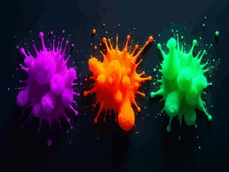 Vector vibrant neon paint splashes on dark background energetic dynamic abstract design with bold colors