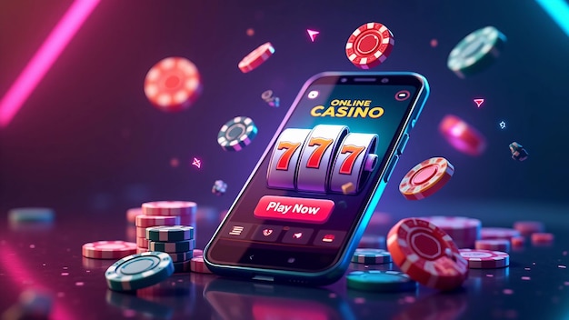 Vibrant online casino scene with smartphone chips dice