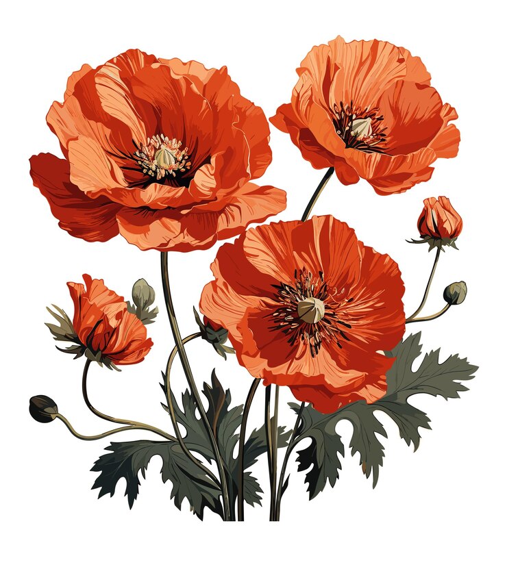 Vibrant Orange Poppy Illustration Botanical Art