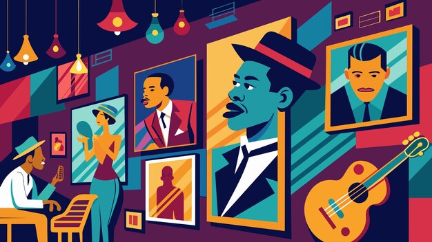 Vector vibrant paintings and photographs of jazz legends adorned the walls adding to the overall jazzthemed