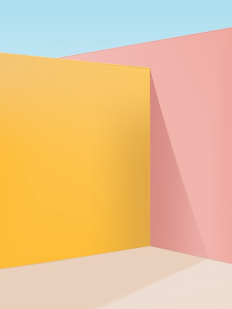 Яркий пастельный геометрический студийный угол, фон: розовый, желтый и бежевый