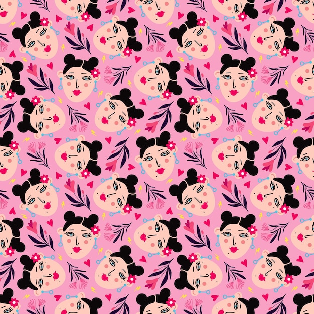 Vibrant pattern with comical brunettes with cute faces and bright colors