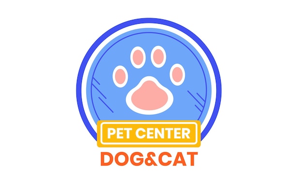 개와 고양이 진료소 또는 상점 애완동물 관리에 이상적인 파란색 발 프린트가 있는 생동감 넘치는 애완동물 센터 로고