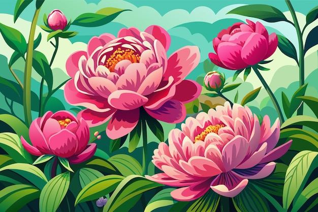 Vibrant pink peonies blooming in a gardenIllustration