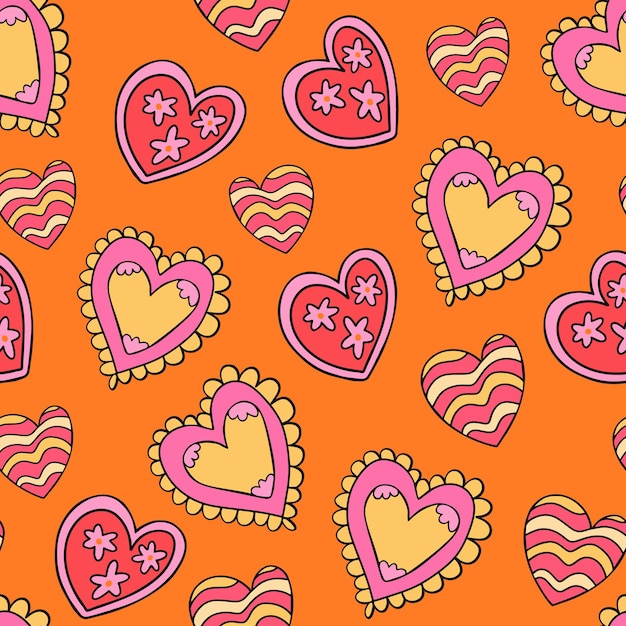 Vibrant psychedelic retro vibe 70s pattern with romantic hearts