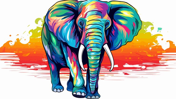Vector vibrant rainbow gradient line drawing cartoon elephant