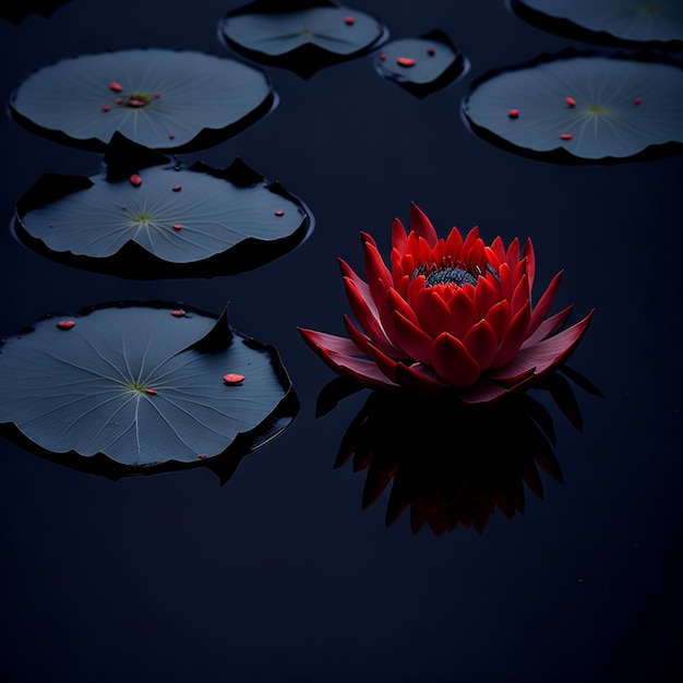 A vibrant red lotus water lily blooming gracefully on the calm AI_Generated