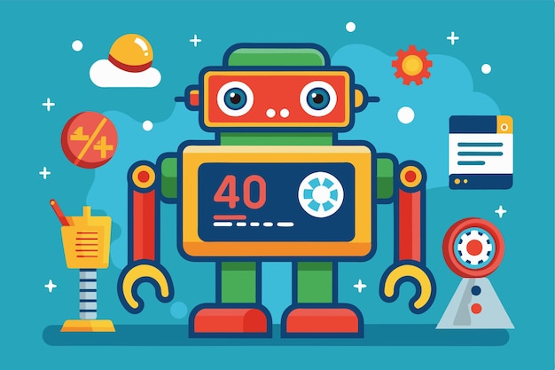 a vibrant robot with an error message stands out among playful graphics in a cheerful atmosphere oops 404 error with a broken robot customizable flat illustration