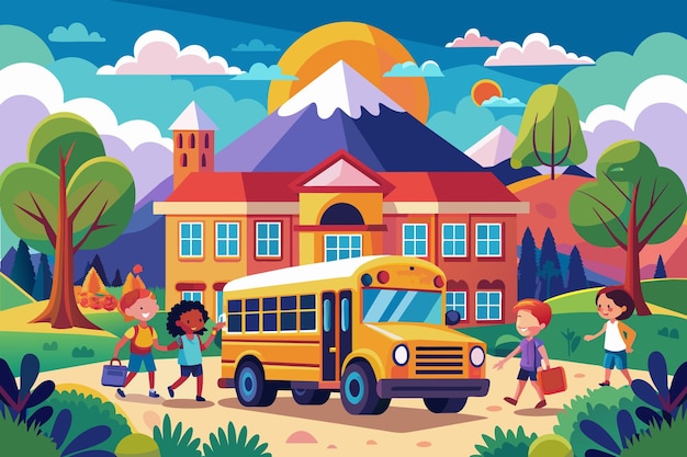 Vector a vibrant school bus parked in front picturesque school children disembarking