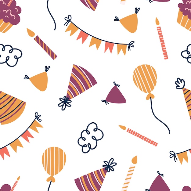 Vibrant Seamless Pattern with Birthday Celebration Items Balloons Hats Garlands Candles Wrapping Paper Textile or Wallpaper For Memorable Festive Party Experience Cartoon Vector Illustration