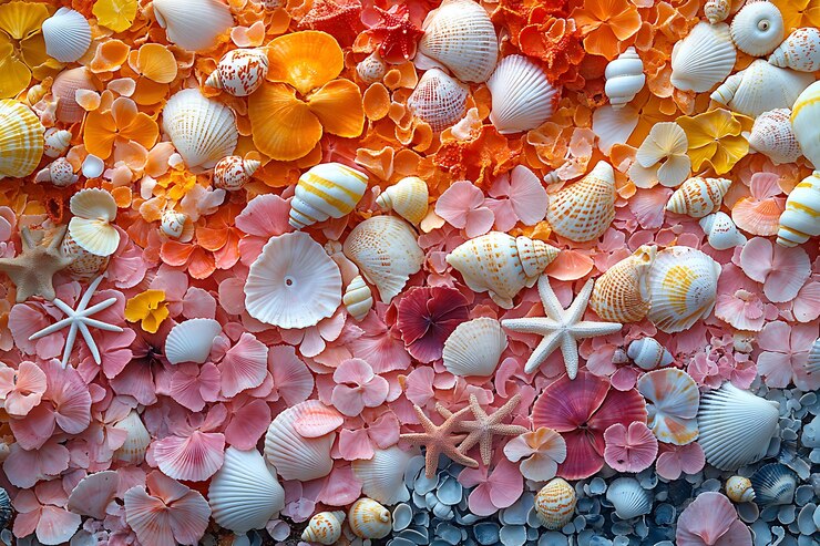 Vector vibrant seashell arrangement with starfish and flowers