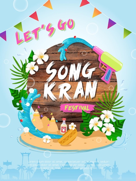 vibrant songkran festival theme with water gun and tropical elements vector illustration