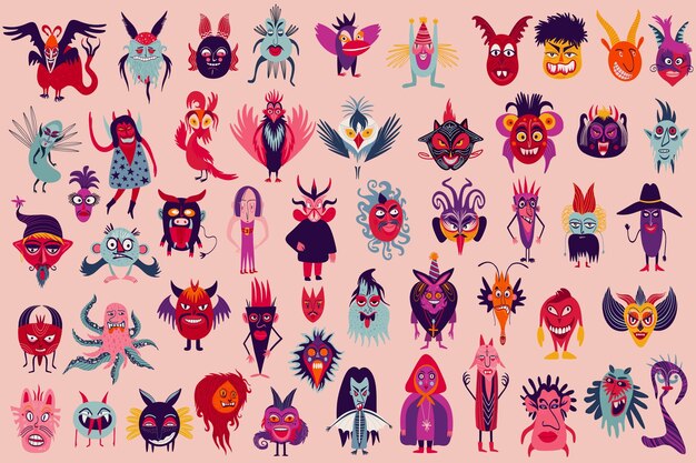 Vector vibrant strange ugly halloween characters cute bizarre comic characters in modern flat hand drawn style