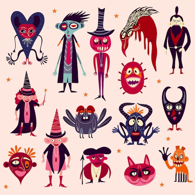 Vector vibrant strange ugly halloween characters cute bizarre comic characters
