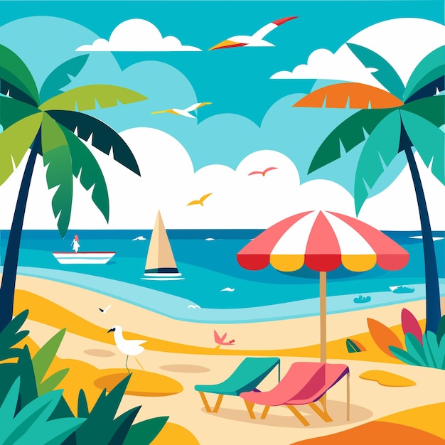 vibrant summer beach with palm trees playful seagulls and rolling waves vector art