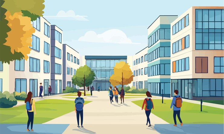 Vector vibrant university campus life illustration