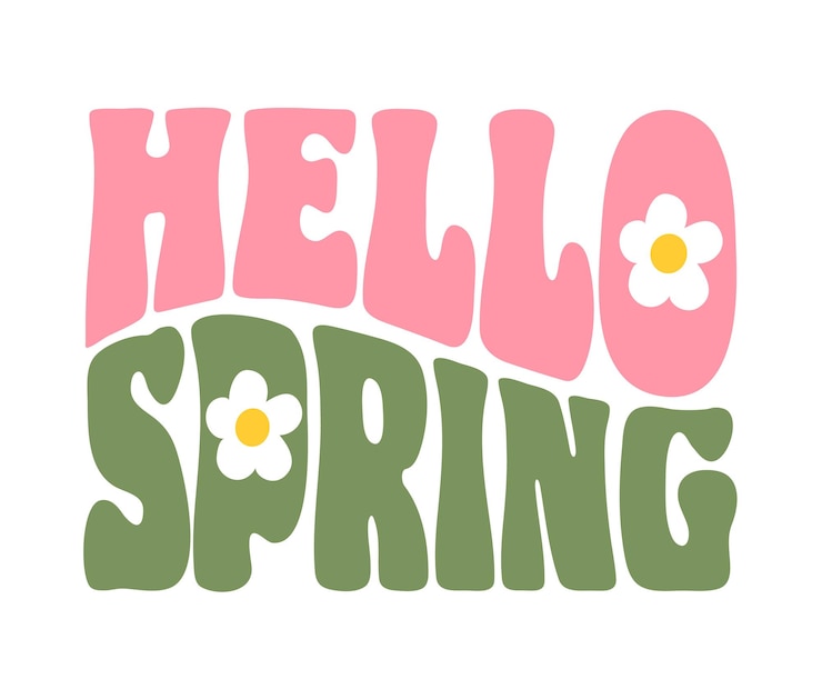 Vector vibrant vector illustration of hello spring in groovy lettering surrounded by colorful flowers